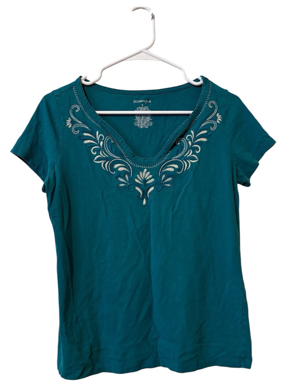 St. John's Bay Teal Short-Sleeve V-Neck Top with Silver Embroidery